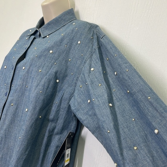 Karl Lagerfeld - NWT Imitation Pearl Blue Wash Button Down Denim Shirt Medium - Picture 11 of 16